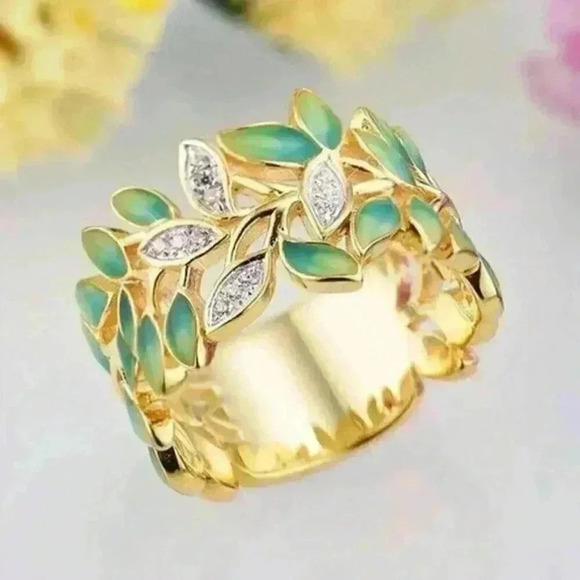 New 18k Yellow Gold Over Sterling Silver White Sapphires Ivy Leaf Band R… - Picture 1 of 6